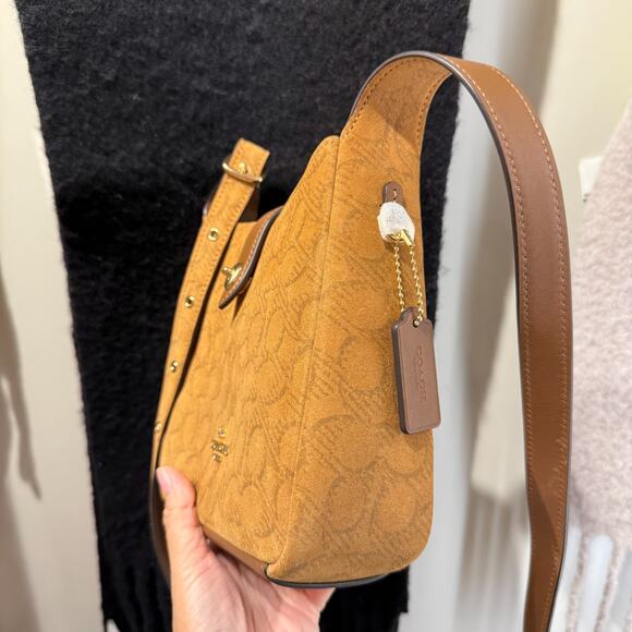Coach Hadley Mini Crossbody Bag In Signature Suede CCE16, suede/Im/Caramel NWT - Picture 2 of 15